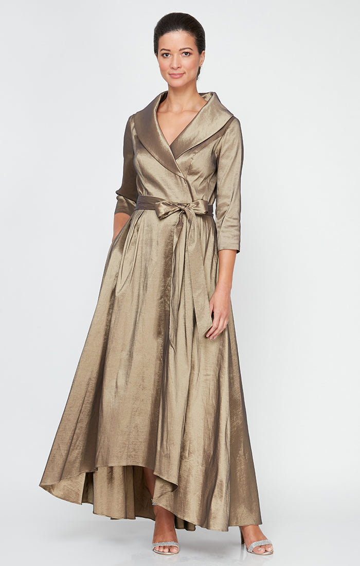 long taffeta dress Alex Evenings Women's Portrait Collar Faux Wrap Gown - Natural Strapless Neckline Sleeves Color:Ecru burgundy faux leather dress Dresses For Senior Ladies