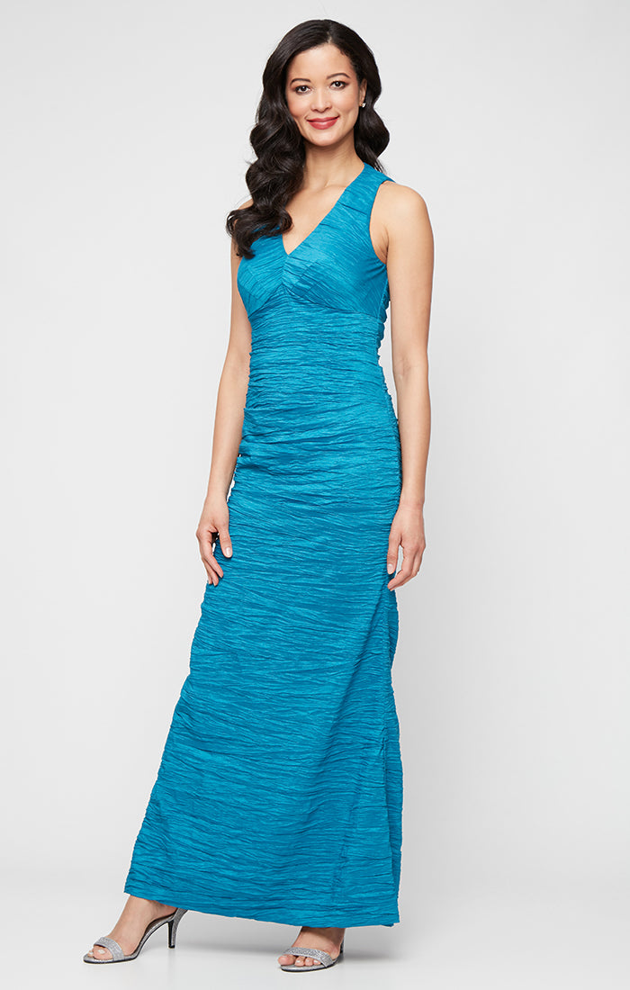 Regular - Sleeveless Crinkle Stretch Taffeta Dress with V-Neckline Regular - Sleeveless Crinkle Stretch Taffeta Dress with V-Neckline