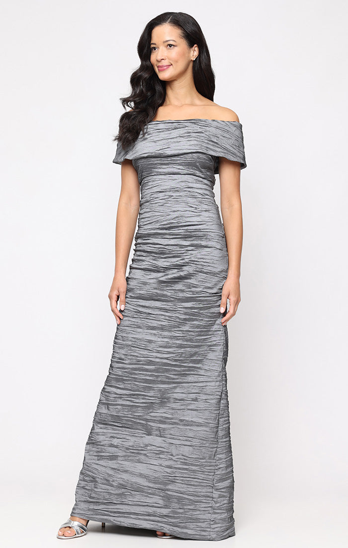 Alex Evenings Women's Crinkle Detail Off-The-Shoulder Gown - Gunmetal