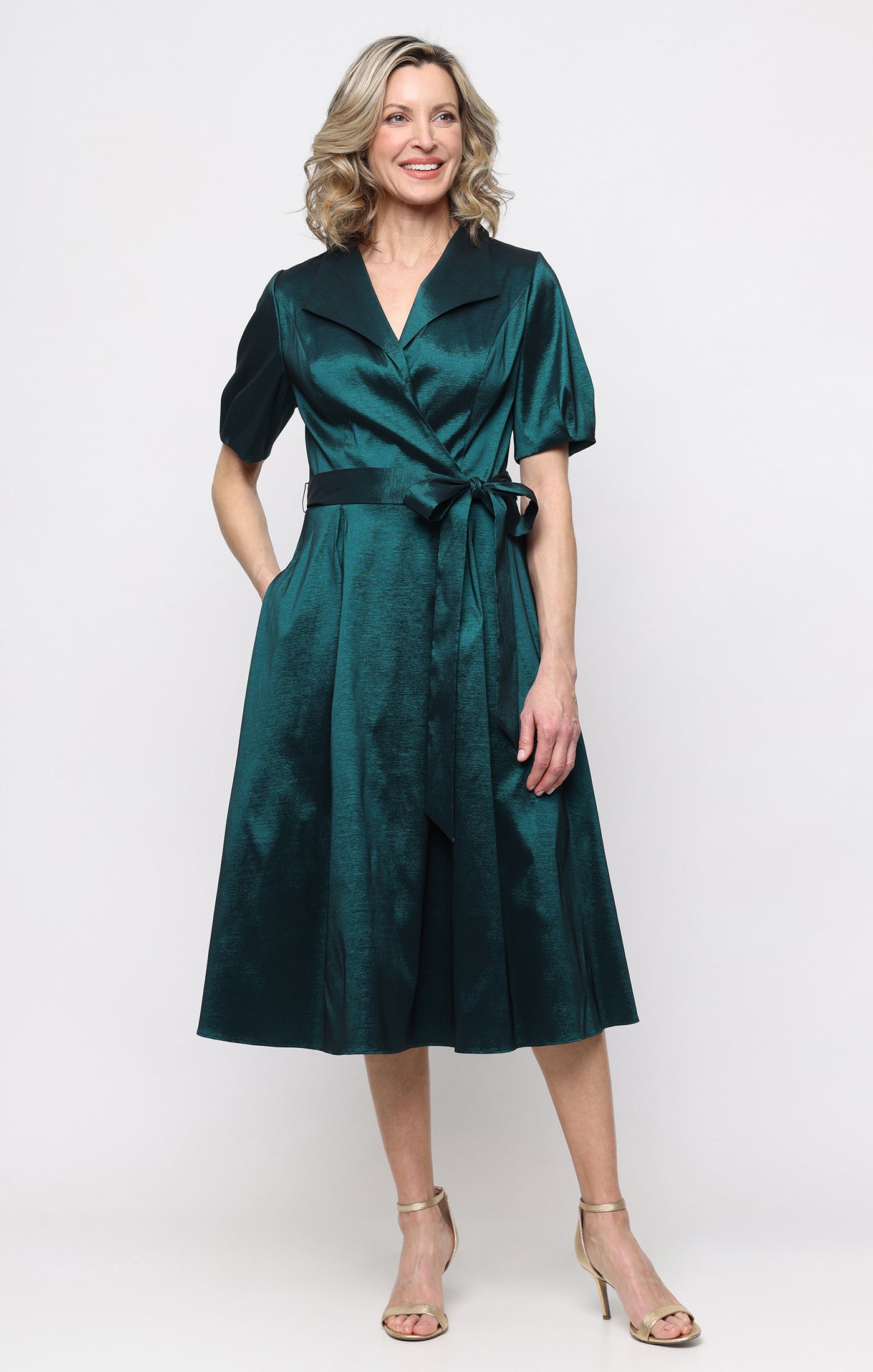 Midi Stretch Taffeta A-Line Dress EMERALD GREEN / 12