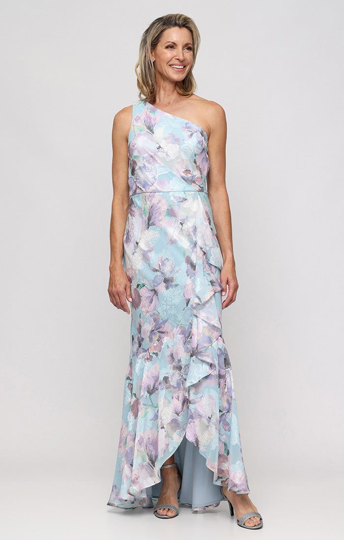 Alex Evenings Women's One Shoulder Printed Burnout Chiffon Gown, 14