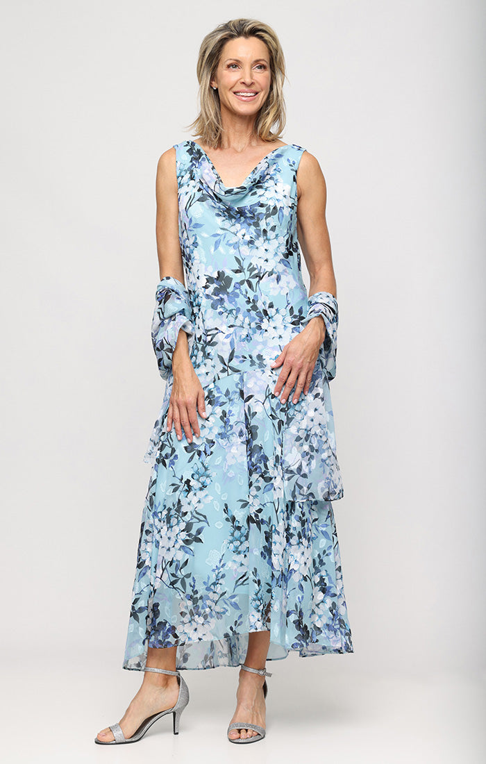 Alex Evenings Chiffon Tea-Length Cowl Neck Dress with Shawl Sage Multi / 14 Alex Evenings Chiffon Tea-Length Cowl Neck Dress with Shawl Sage Multi / 14