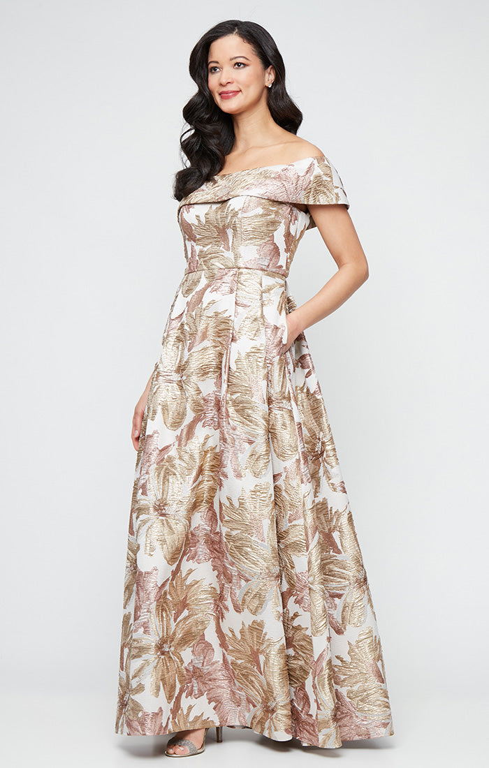 Long Off the Shoulder Metallic Floral Printed Jacquard Ballgown