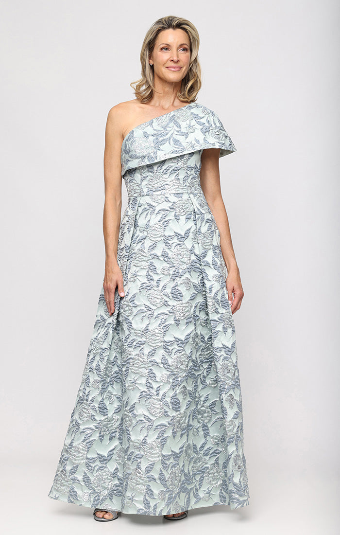 Alex Evenings One Shoulder Jacquard Gown Sage Multi / 2 Alex Evenings One Shoulder Jacquard Gown Sage Multi / 2
