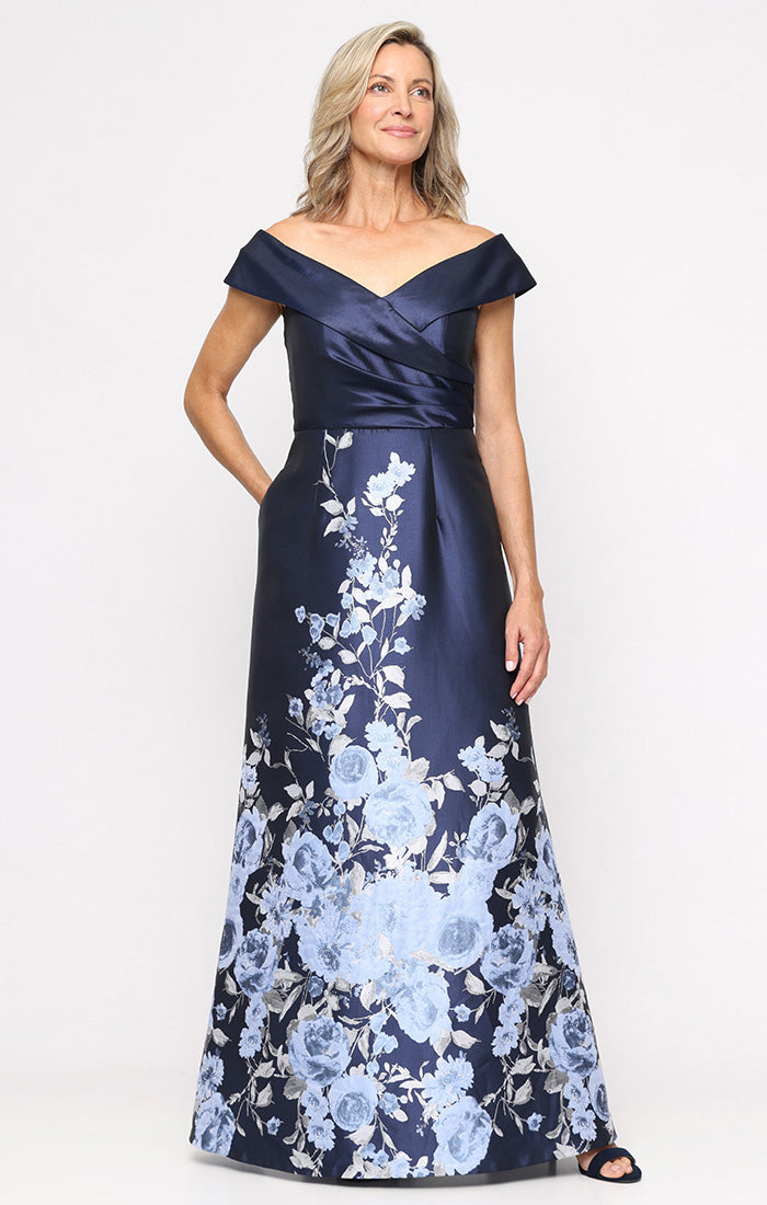 Alex Evenings Long Off the Shoulder Printed Jacquard Gown with Pockets NAVY MULTI / 12