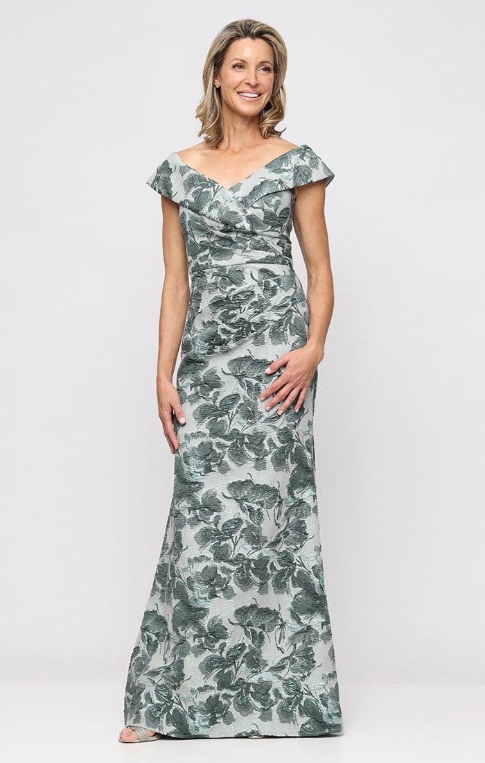 Alex Evenings Off-The-Shoulder Floral Jacquard Ballgown Sage / 10