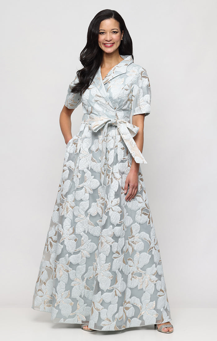 Alex Evenings Long Jacquard Gown with Collar Ice Blue / 16