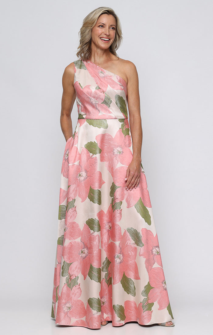 open lace back dress Long One Shoulder Printed Jacquard Gown