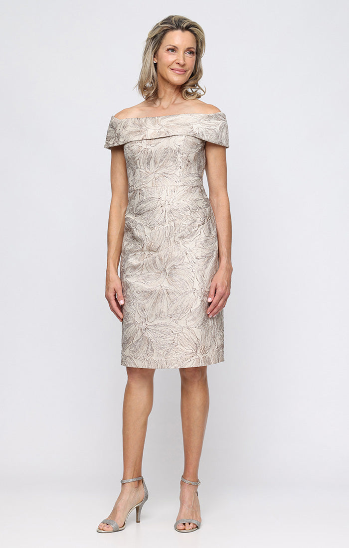 Short Off the Shoulder Jacquard Dress with Foldover Cuff Neckline