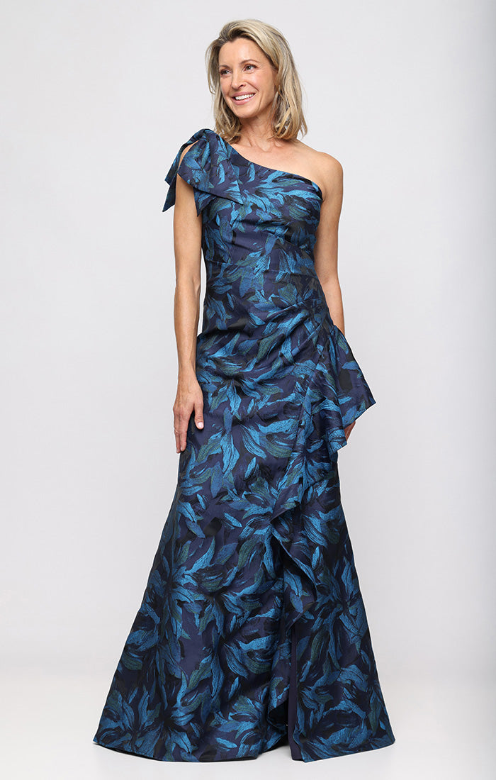 Long One Shoulder Jacquard Dress with Bow Detail at Shoulder