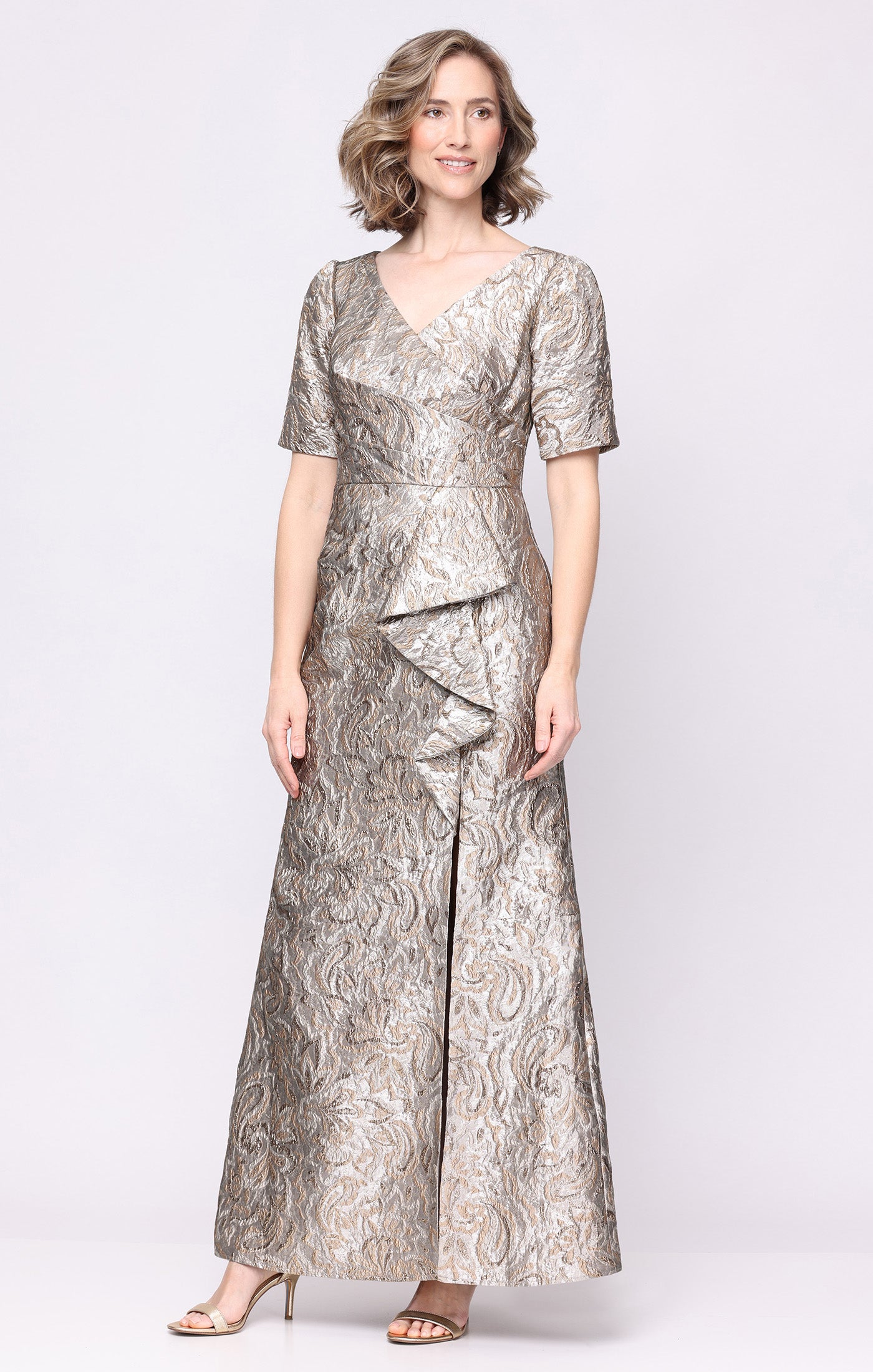Champagne Jacquard Dress with Puff Sleeves | Alexevenings.com