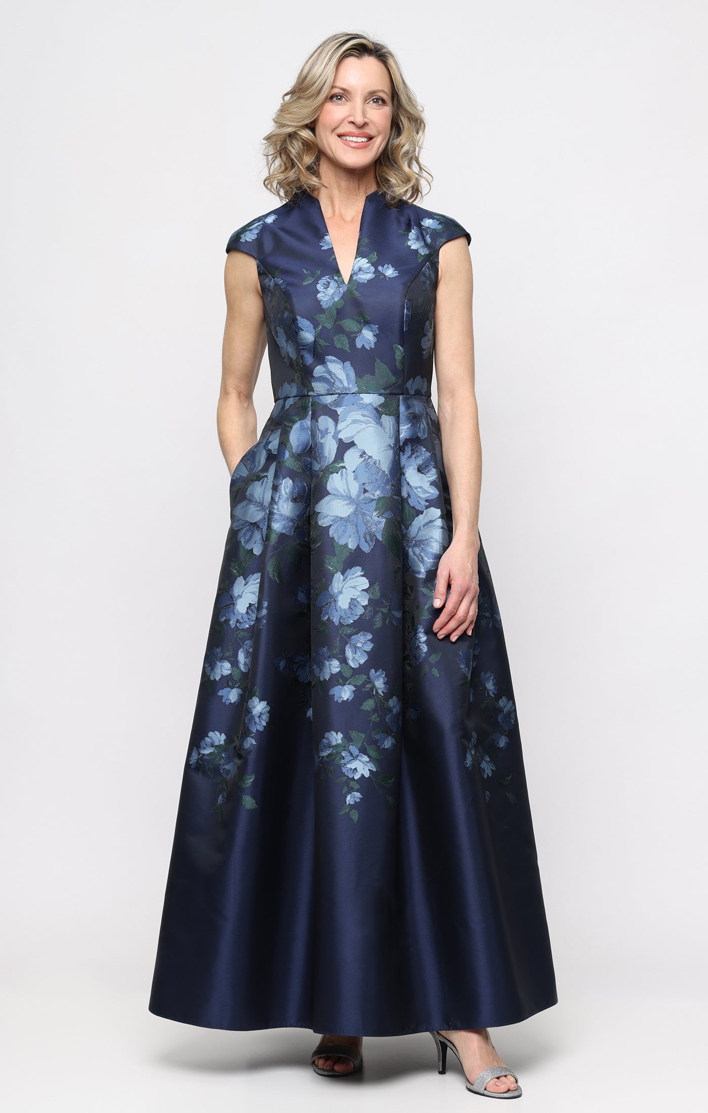 Jacquard A-Line Gown with Cap Sleeves | Alexevenings.com