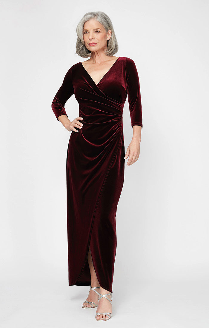 Alex Evenings Women's Velvet Ruched 3/4-Sleeve Gown - WINE