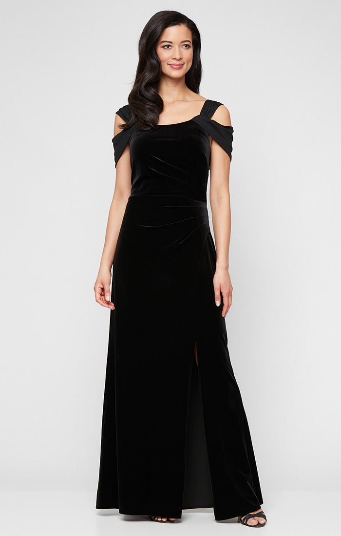 Alex Evenings Petite Long Cold-Shoulder Stretch Velvet Dress