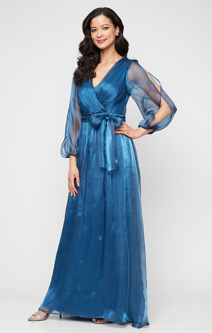 Regular - Surplice Dress with Illusion Bubble Sleeves and Belt Regular - Surplice Dress with Illusion Bubble Sleeves and Belt