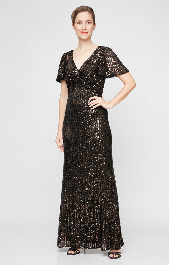 flutter sleeve sequin dress Regular Deep Sweetheart Dresses Surplice Bodice Park Mirrored Dresser - Color:rosewood