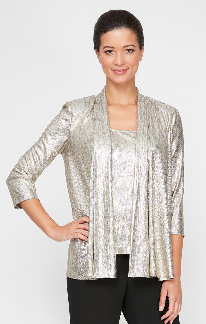 Petite - 3/4 Sleeve Open Metallic Knit Twinset with Scoop Neck Tank