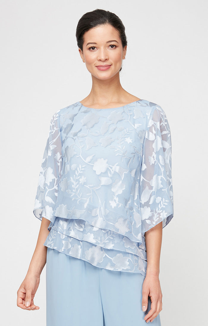 Burnout Chiffon Blouse with Asymmetrical Triple Tier Hem & Illusion Sleeves