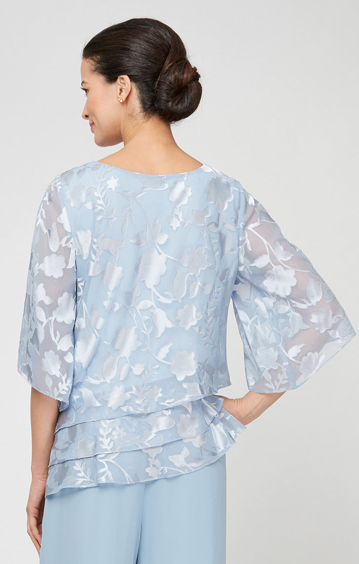 Burnout Chiffon Blouse with Asymmetrical Triple Tier Hem & Illusion Sleeves