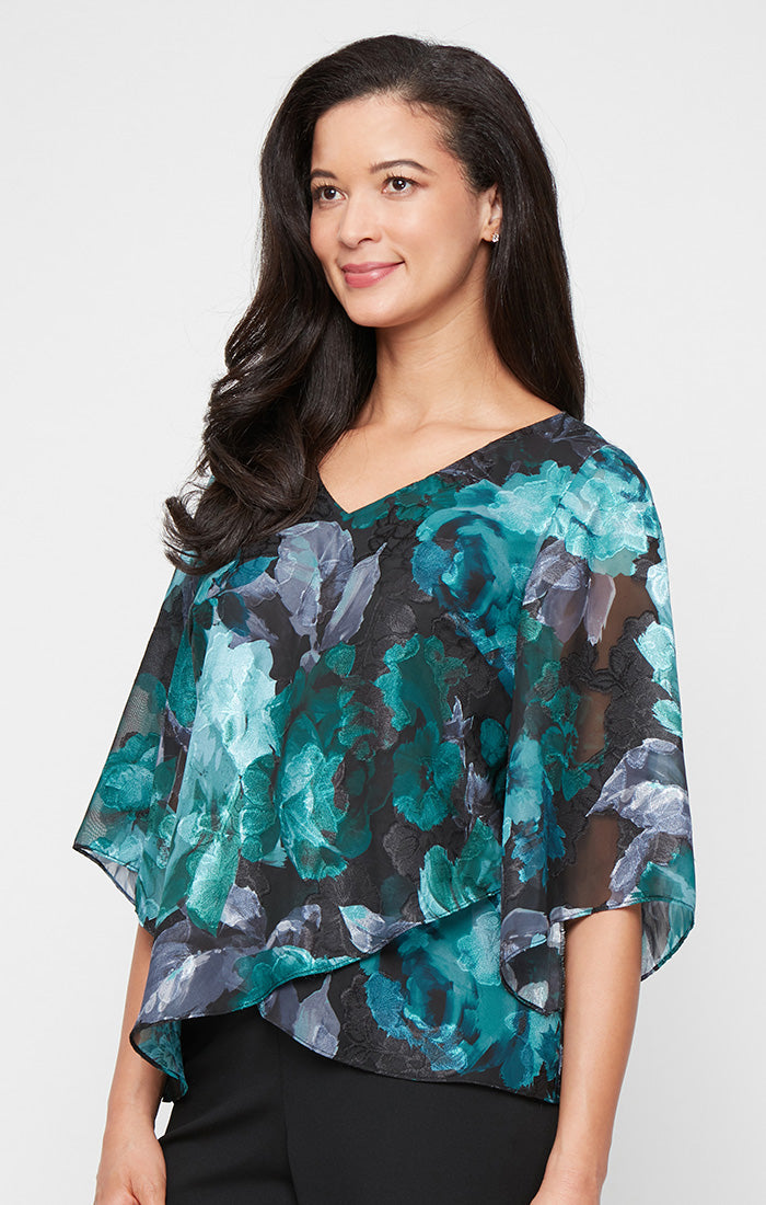 Printed V-Neck Chiffon Burnout Blouse with Tulip Hem
