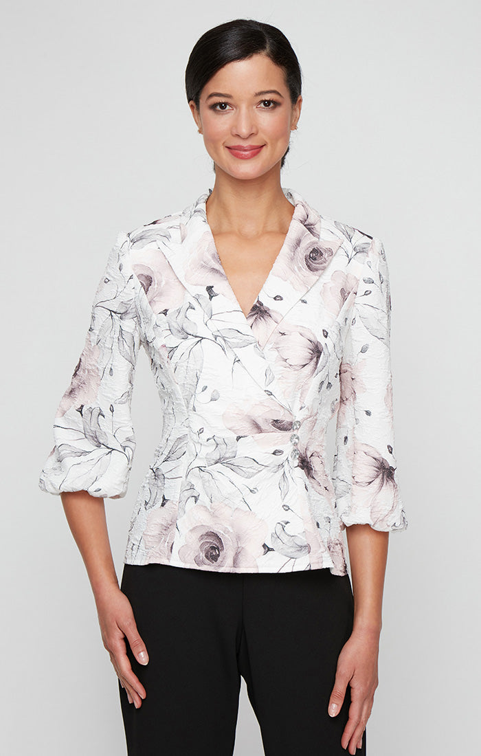 Printed Jacquard Side Closure Blouse with Bubble Hem Sleeves