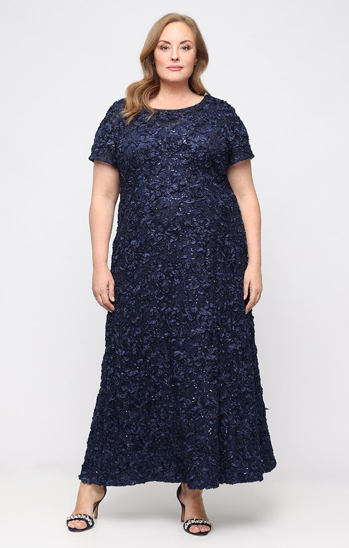 alex evenings sequined lace contrast dress Plus Size Soutache Sequin A-Line - Navy TEAM: Georgia Color:Bright Flora Brown The cascade ruffle adds White Daisy Crochet Dress