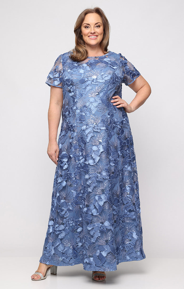 Alex Evenings Plus Soutache A-Line Dress with Short Sleeves and Illusion Neckline Periwinkle / 16W