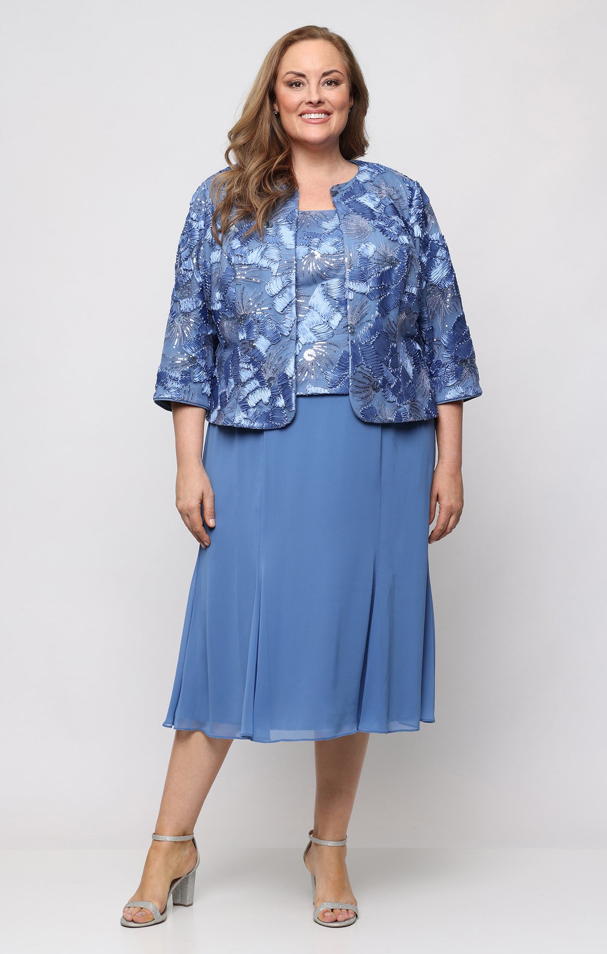 plus size jacket dresses Alex Evenings Scoop Neck Dress and Soutache Open Jacket, 2-Piece Set - Brush Peri Explore More Collection - material: leather Size:SML PT Look for bold details