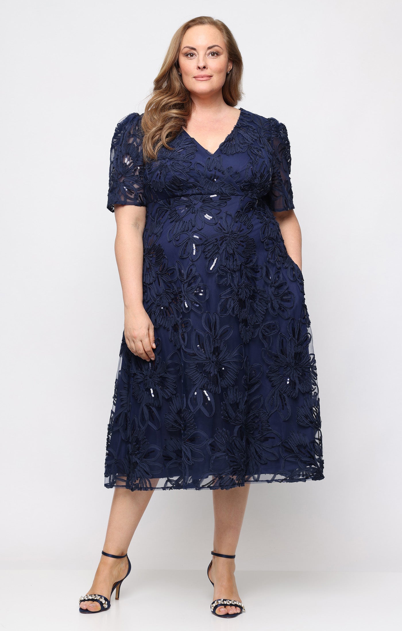 Alex Evenings Plus Midi Embroidered Soutache A-Line Dress NAVY / 22W