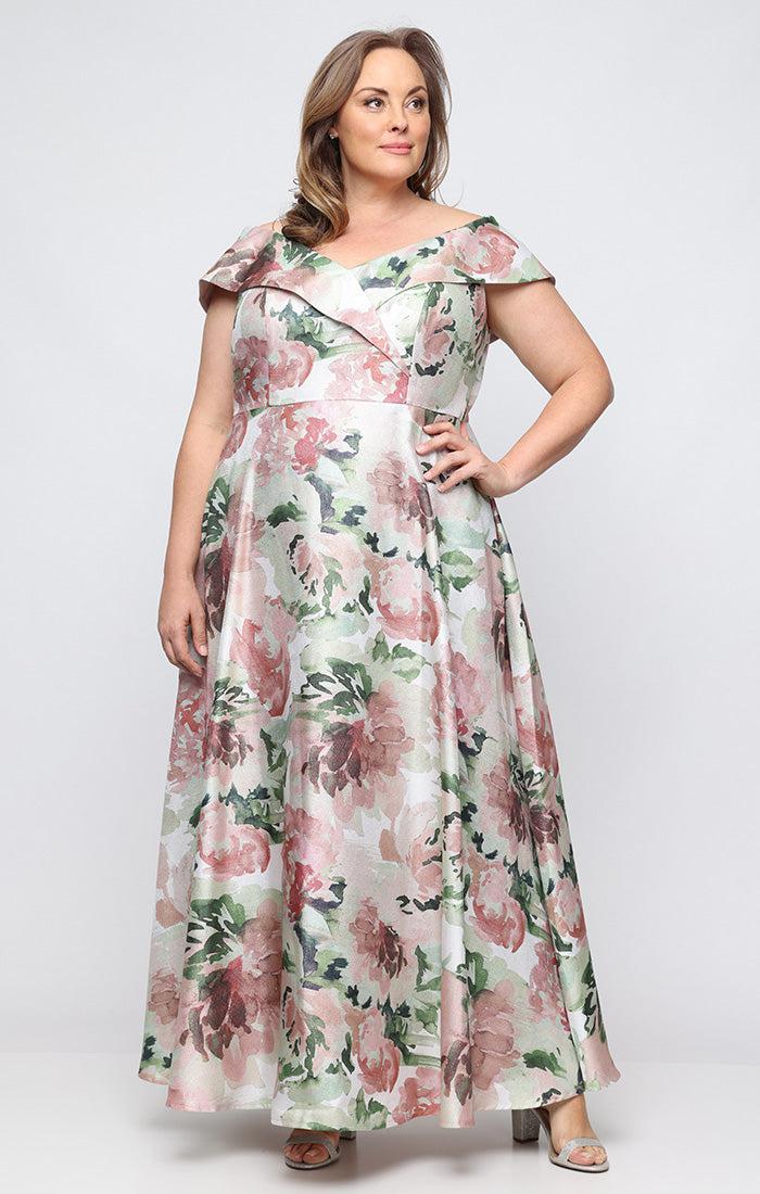 Alex Evenings Plus Size Printed Off-The-Shoulder Gown - Blush Multi Alex Evenings Plus Size Printed Off-The-Shoulder Gown - Blush Multi