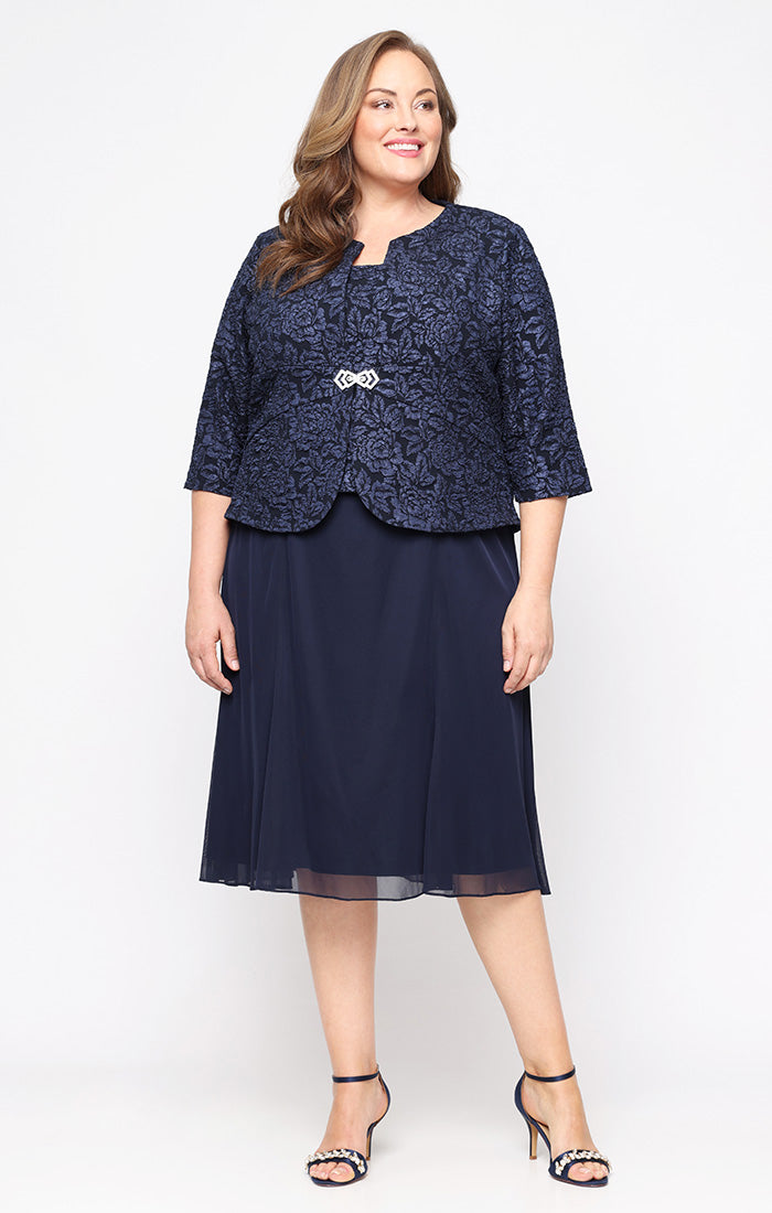 Alex Evenings Plus Tea-Length Jacket Dress in Jacquard & Chiffon NAVY / 18W Alex Evenings Plus Tea-Length Jacket Dress in Jacquard & Chiffon NAVY / 18W