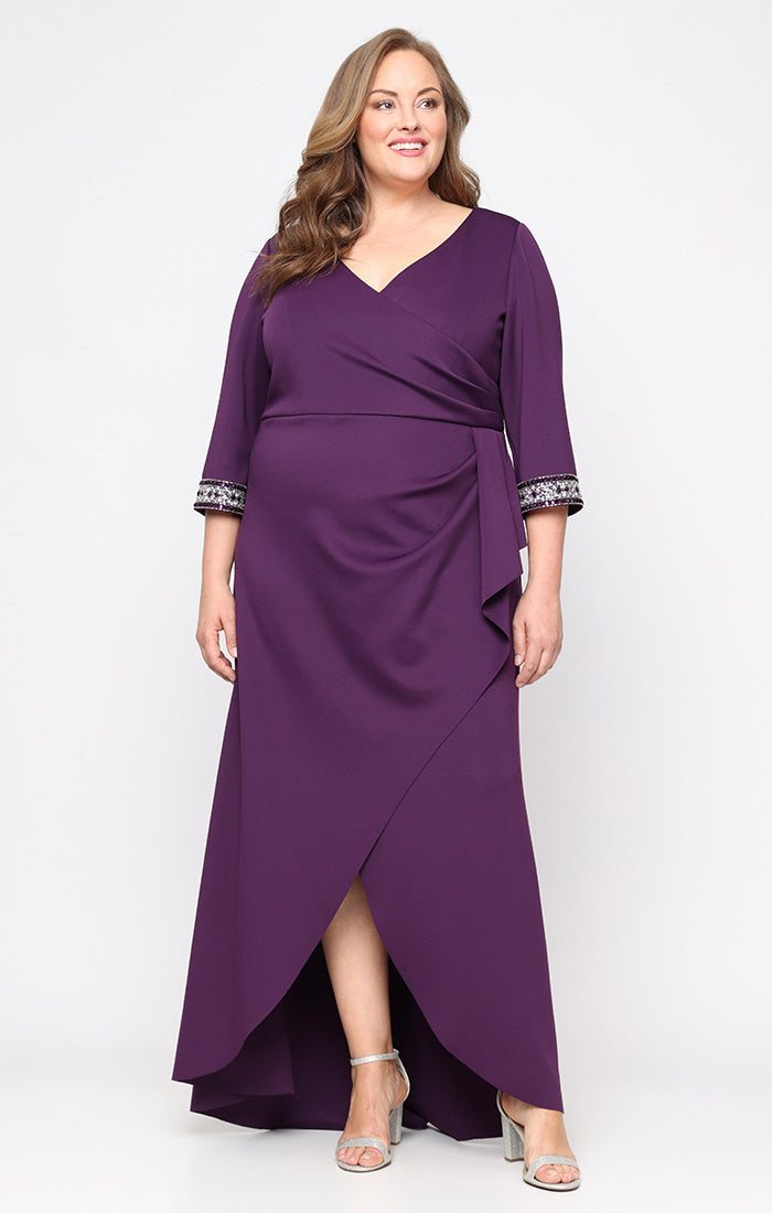 Plus - Crepe Dress with Embellished Sleeve Detail and Tulip Skirt Plus - Crepe Dress with Embellished Sleeve Detail and Tulip Skirt