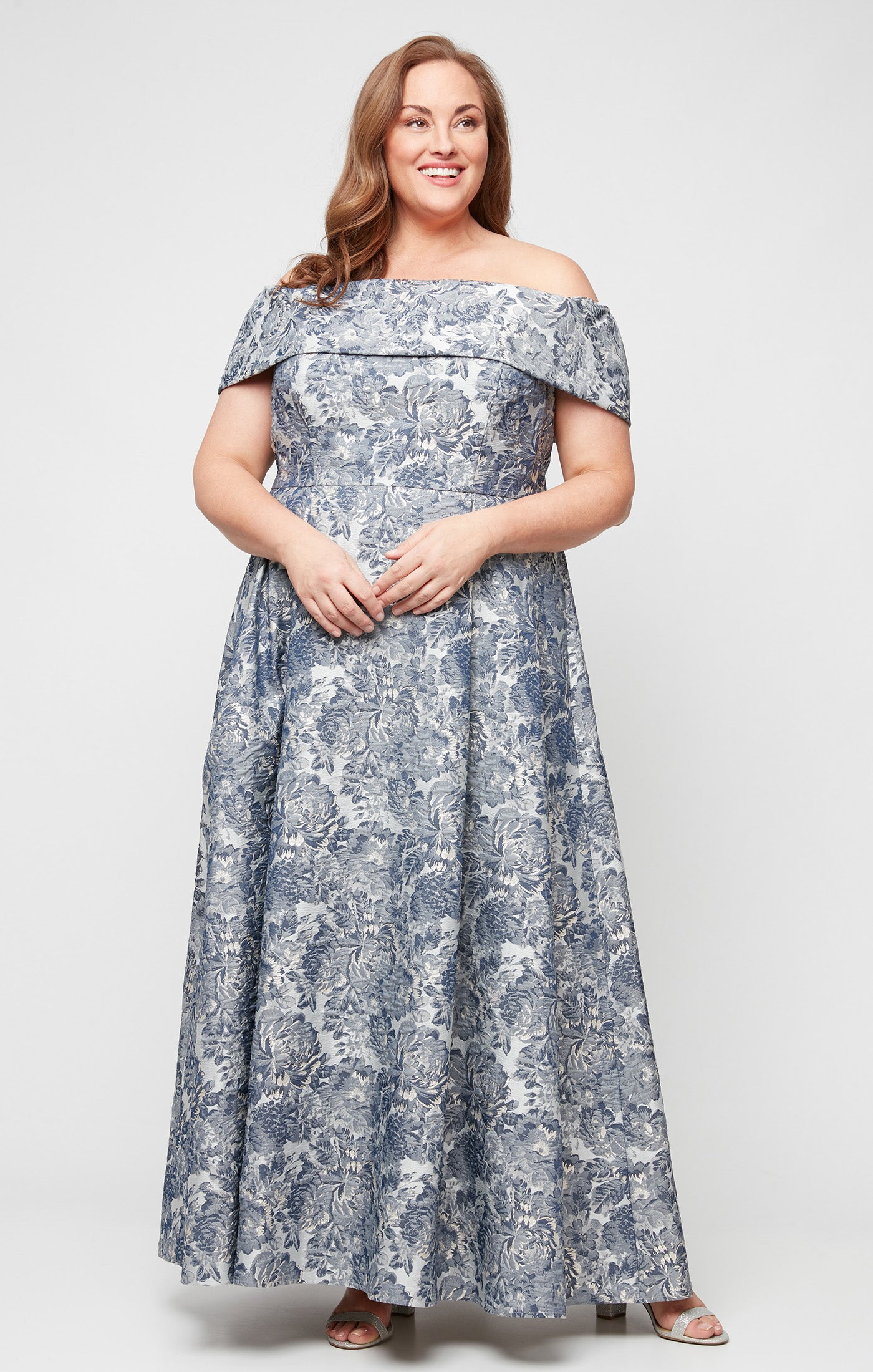 plus size off shoulder long dress Alex Evenings Plus Melanie Off-The-Shoulder Ballgown SILVER MULTI / 18W