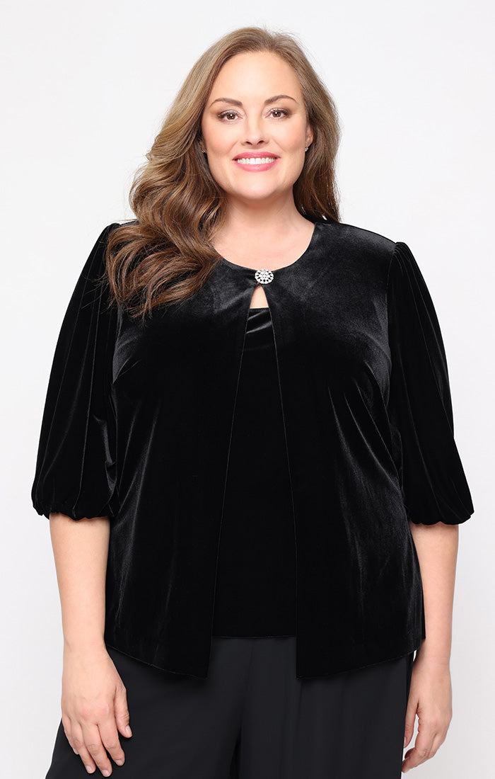Plus - Stretch Velvet Twinset with Scoop Neck Tank, Embellished Neckli