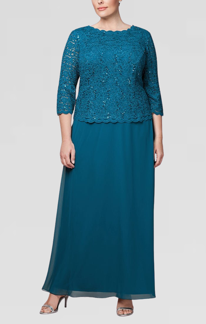 Plus - Long Gown with Sequin Lace Bodice & Chiffon Skirt
