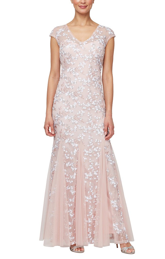 Long Cap Sleeve Embroidered Fit & Flare Dress with Godet Detail Skirt - alexevenings.com