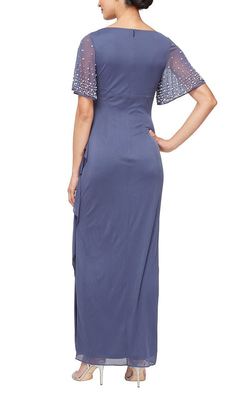 Long Empire Waist Dress with Surplice Neckline & Embellished Flutter Sleeves - alexevenings.com