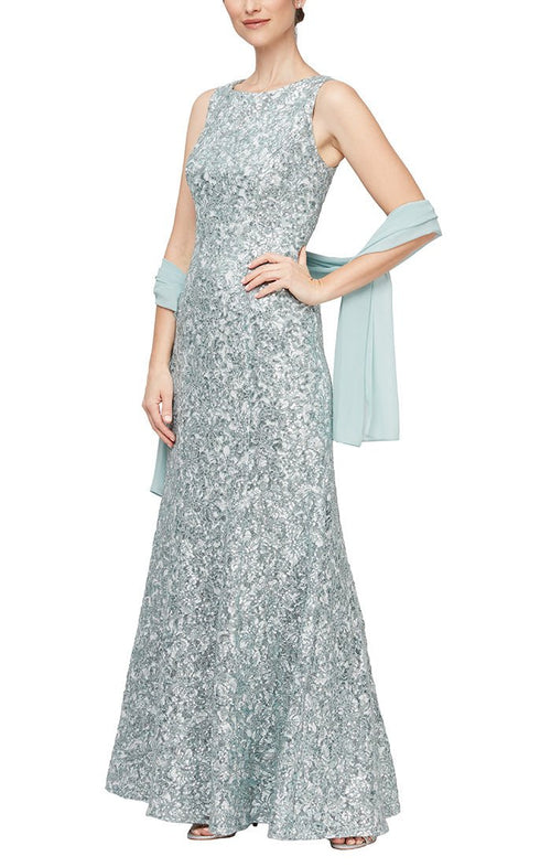 Petite Sleeveless Corded Fit and Flare Dress with Shawl - alexevenings.com