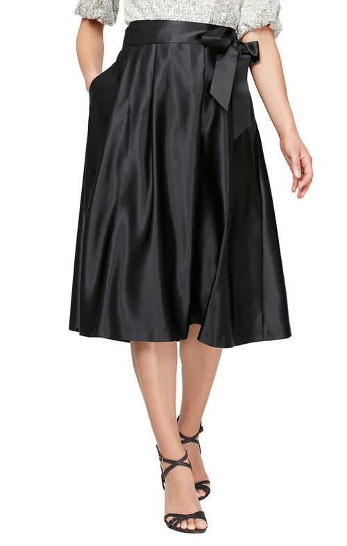 Petite Tea-Length Full Satin Skirt with Tie Belt & Pockets - alexevenings.com