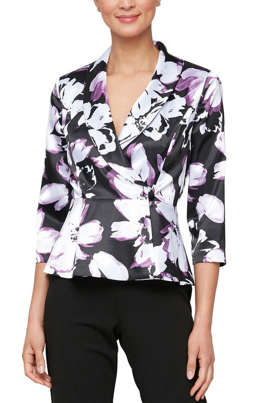 Plus 3/4 Sleeve Printed Side Closure Blouse with Collar - alexevenings.com