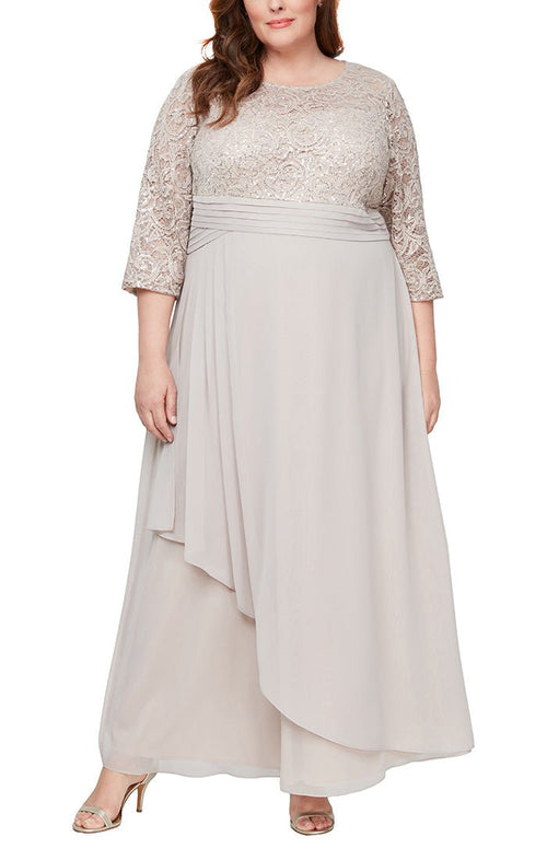 Plus Long A-Line Sequin Lace Empire Waist Dress With Pleated Detail and Overlay Skirt - alexevenings.com