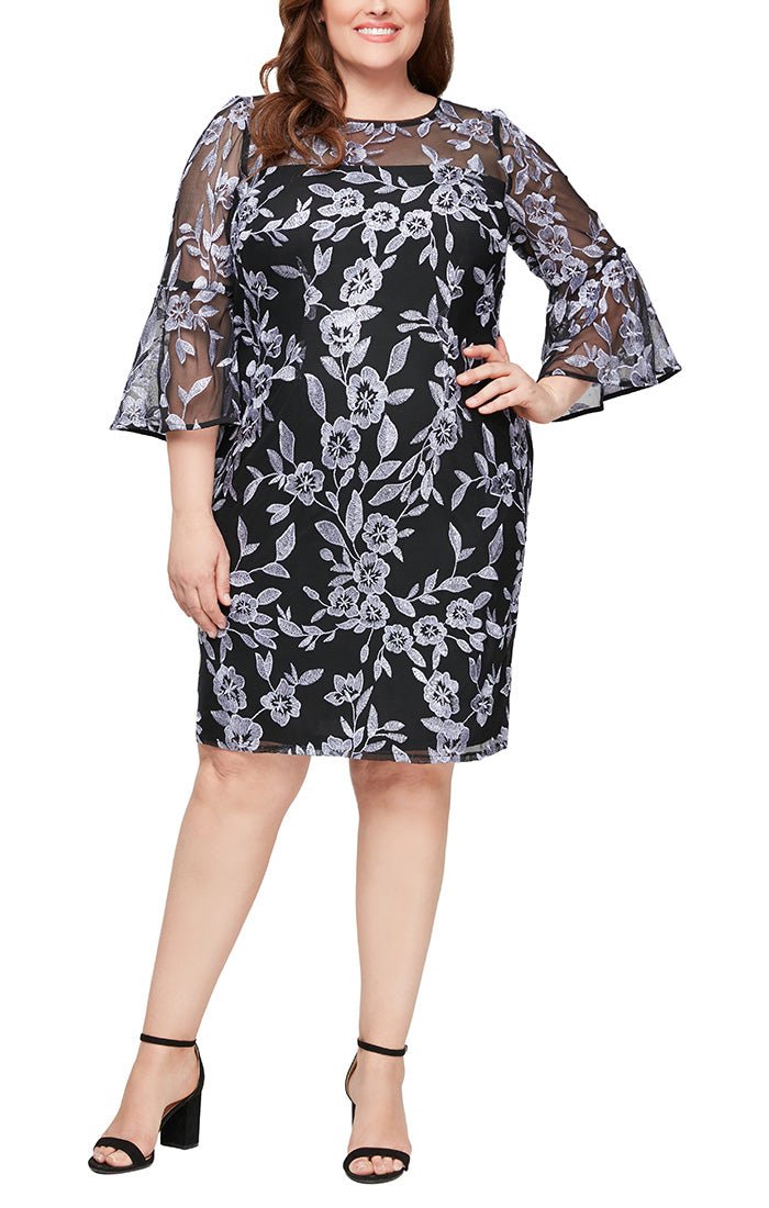 Plus Short Embroidered Sheath Dress with Illusion Neckline and Bell Sleeves - alexevenings.com