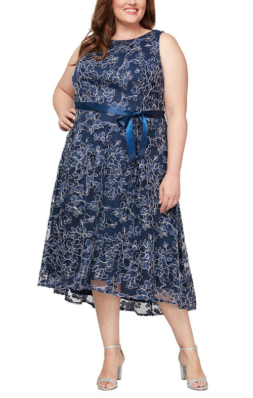 Plus Sleeveless Embroidered Midi Dress with High Low Hem & Tie Belt - alexevenings.com