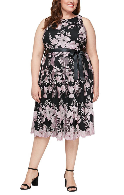 Plus Tea-Length Sleeveless Embroidered Dress with Full Skirt & Tie Belt - alexevenings.com