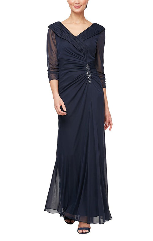 Portrait Collar Mesh Gown with Embellished Detail at Hip & Ruched Skirt Detail - alexevenings.com