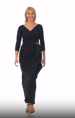 Compression Dress with Surplice Neckline, Cascade Ruffle Skirt and Embellishment Detail at Hip