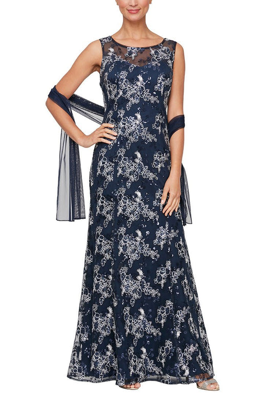 Regular - Embroidered Tulle Sleeveless Gown with Sweetheart Illusion Neckline & Matching Shawl - alexevenings.com