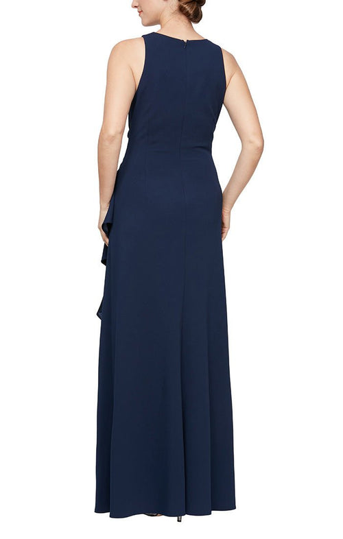 Regular - Sleeveless Stretch Crepe Dress with Cascade Ruffle Skirt Detail & Cutaway Neckline - alexevenings.com