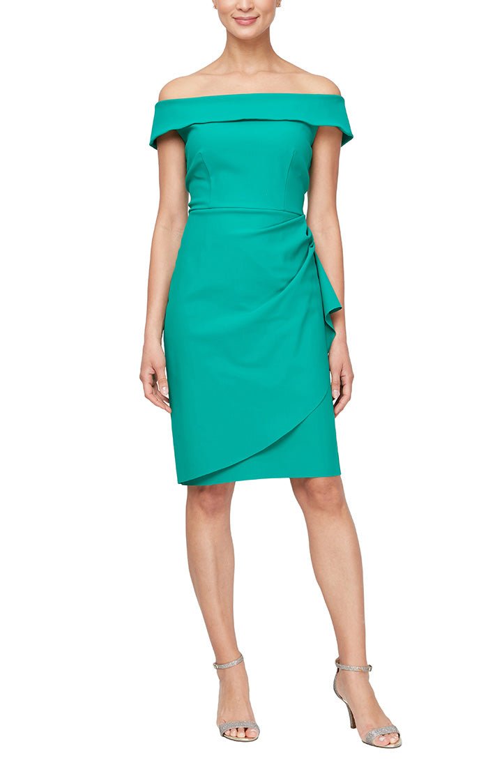 Short Off-the-Shoulder Compression Sheath Dress with Cascade Detail Skirt - alexevenings.com