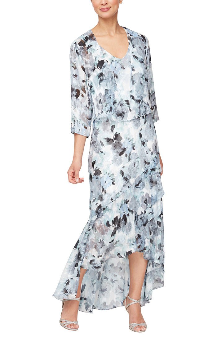 Tea-Length Chiffon Jacket Dress with High/Low Tulip Hem Skirt - alexevenings.com